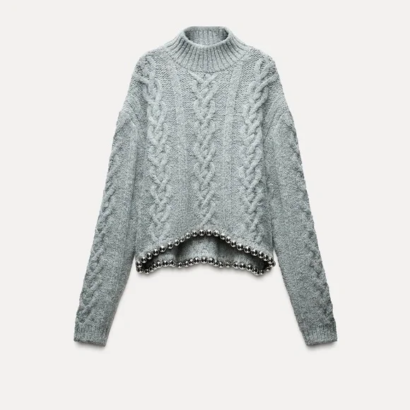 Zara Gray Cowl Neck Sweater with Chunky Cable Knit Design - Picture 4 of 6